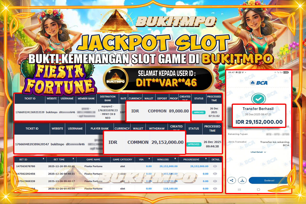 BUKITMPO JACKPOT FIESTA FORTUNE - PRAGMATIC PLAY Rp.29.152.000,- LUNAS